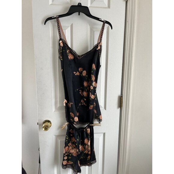 Vtg Saks Fifth Avenue Silk 2 Piece Lingerie Black Pink Green Floral Pattern - Picture 2 of 10